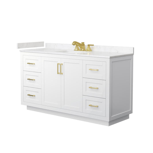 Wyndham Collection Miranda 60" Single Bathroom Vanity in White, Carrara Cultured Marble Countertop, Undermount Square Sink (3-Hole), Brushed Gold Trim