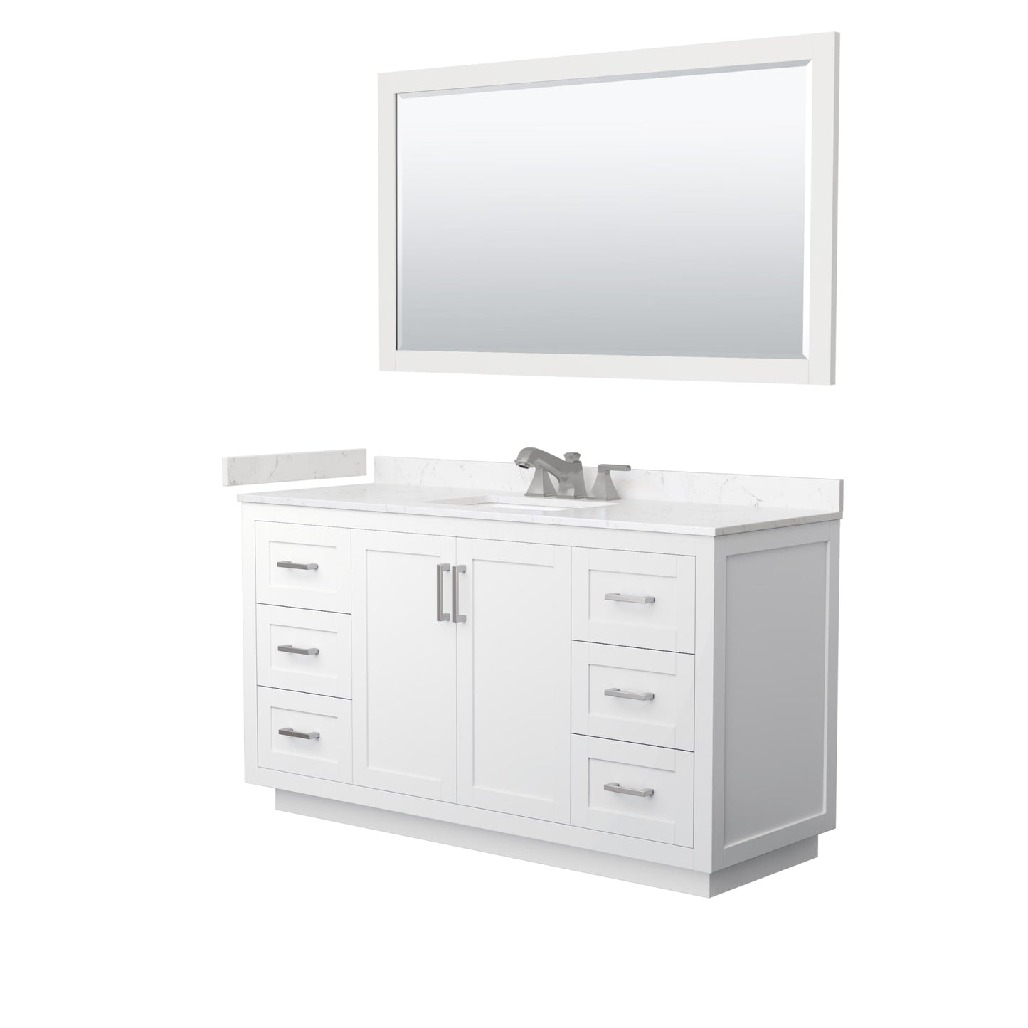 Wyndham Collection Miranda 60" Single Bathroom Vanity in White, Carrara Cultured Marble Countertop, Undermount Square Sink (3-Hole), Brushed Nickel Trim and 58" Mirror