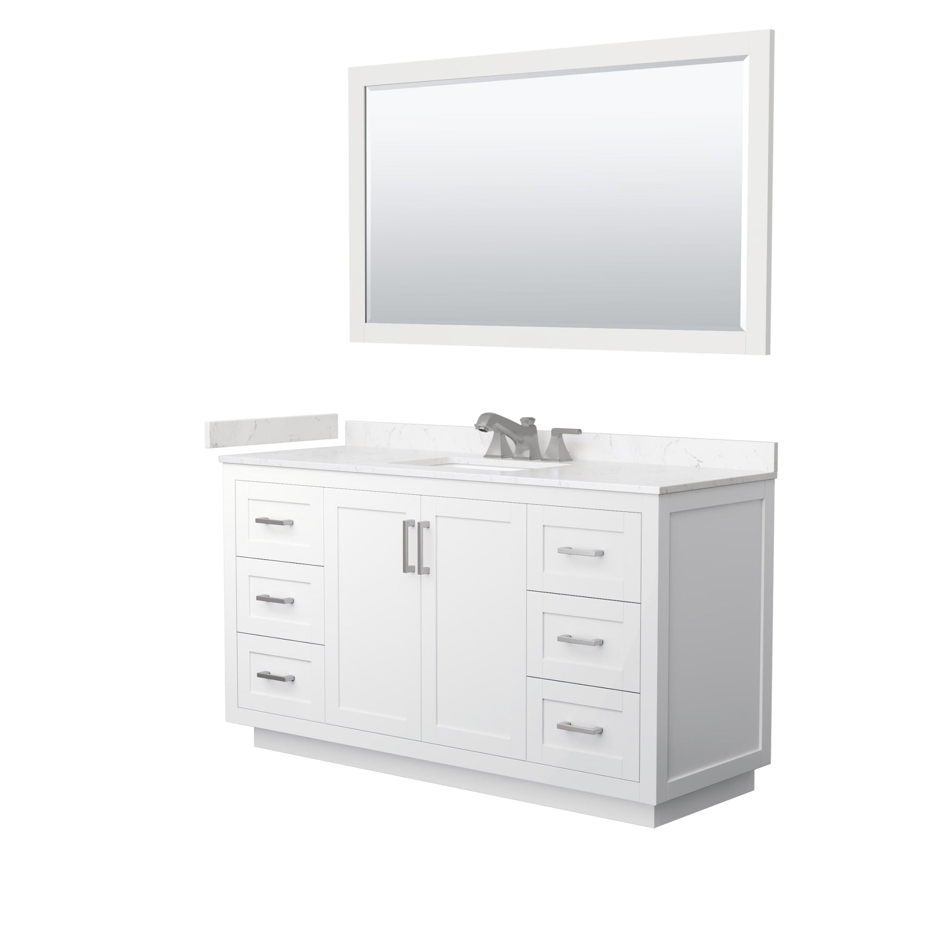 Wyndham Collection Miranda 60" Single Bathroom Vanity in White, Carrara Cultured Marble Countertop, Undermount Square Sink (3-Hole), Brushed Nickel Trim and 58" Mirror