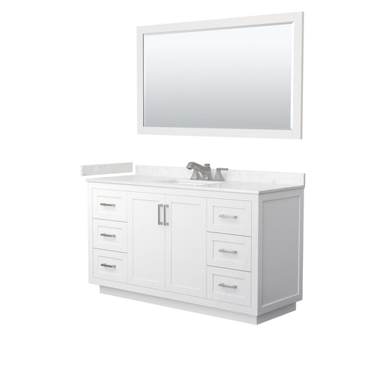Wyndham Collection Miranda 60" Single Bathroom Vanity in White, Carrara Cultured Marble Countertop, Undermount Square Sink (3-Hole), Brushed Nickel Trim and 58" Mirror