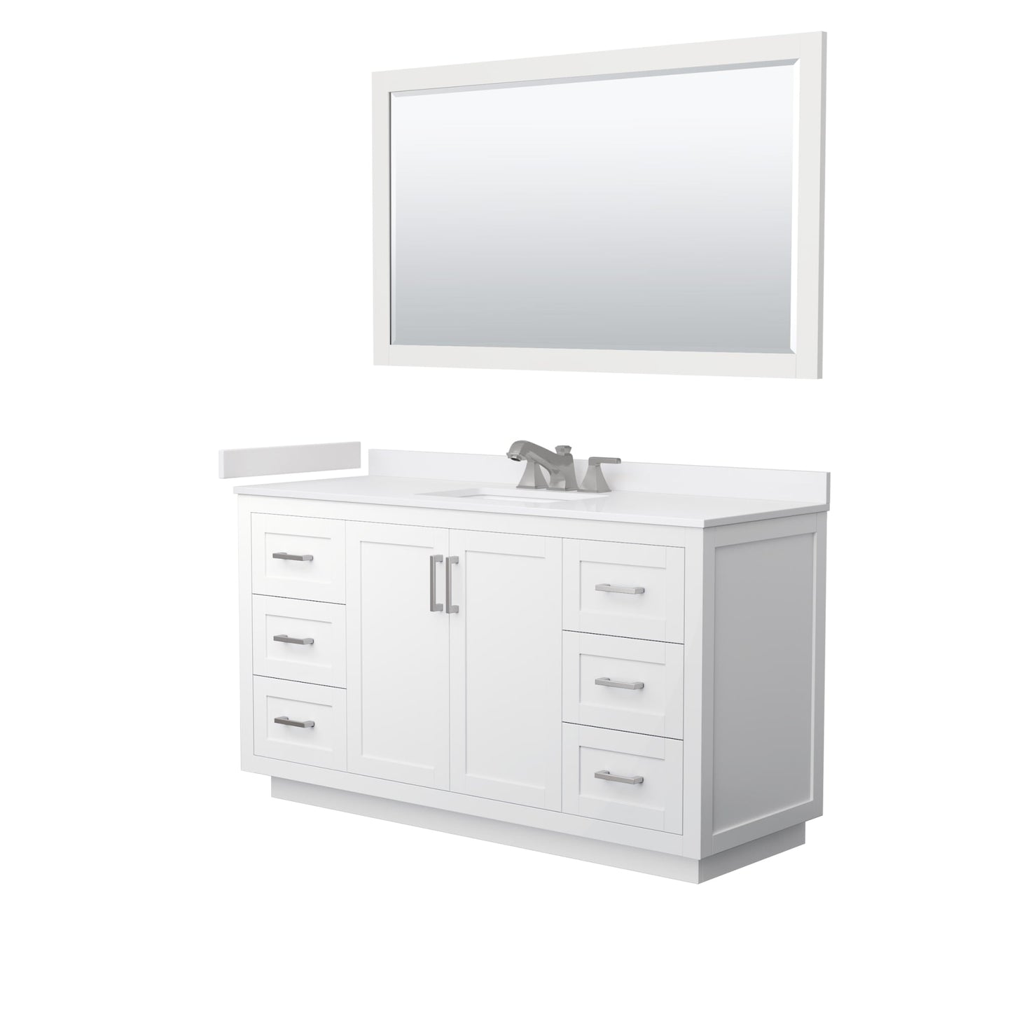 Wyndham Collection Miranda 60" Single Bathroom Vanity in White, White Cultured Marble Countertop, Undermount Square Sink (3-Hole), Brushed Nickel Trim and 58" Mirror
