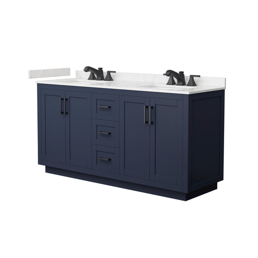 Wyndham Collection Miranda 66" Double Bathroom Vanity in Dark Blue, Carrara Cultured Marble Countertop, Undermount Square Sinks (3-Hole), Matte Black Trim
