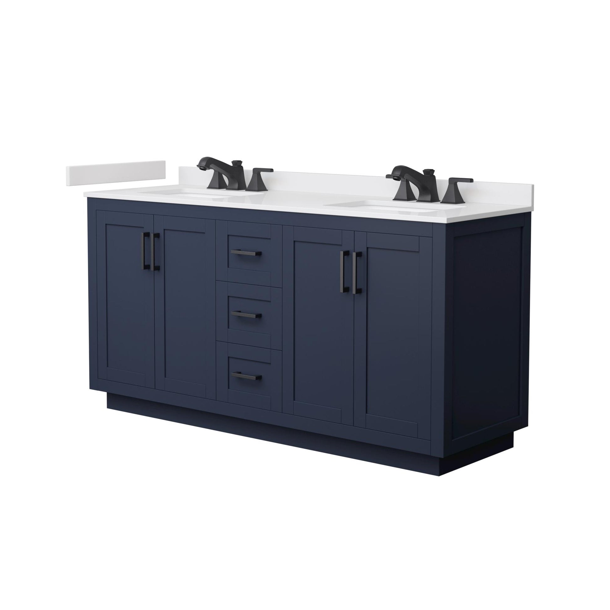 Wyndham Collection Miranda 66" Double Bathroom Vanity in Dark Blue, White Cultured Marble Countertop, Undermount Square Sinks (3-Hole), Matte Black Trim
