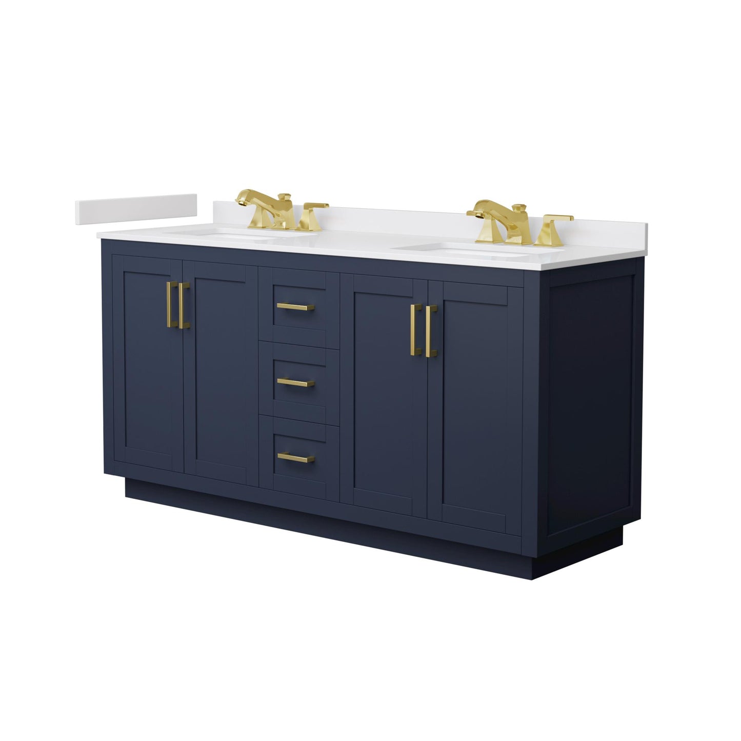 Wyndham Collection Miranda 66" Double Bathroom Vanity in Dark Blue, White Cultured Marble Countertop, Undermount Square Sinks (3-Hole), Brushed Gold Trim