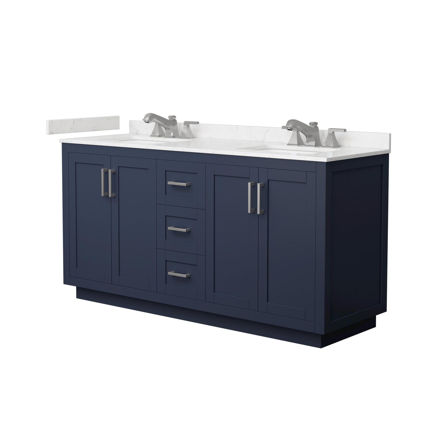 Wyndham Collection Miranda 66" Double Bathroom Vanity in Dark Blue, Carrara Cultured Marble Countertop, Undermount Square Sinks (3-Hole), Brushed Nickel Trim