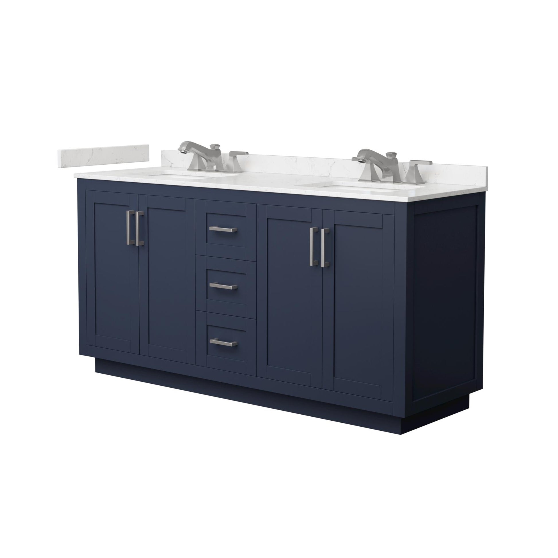 Wyndham Collection Miranda 66" Double Bathroom Vanity in Dark Blue, Carrara Cultured Marble Countertop, Undermount Square Sinks (3-Hole), Brushed Nickel Trim