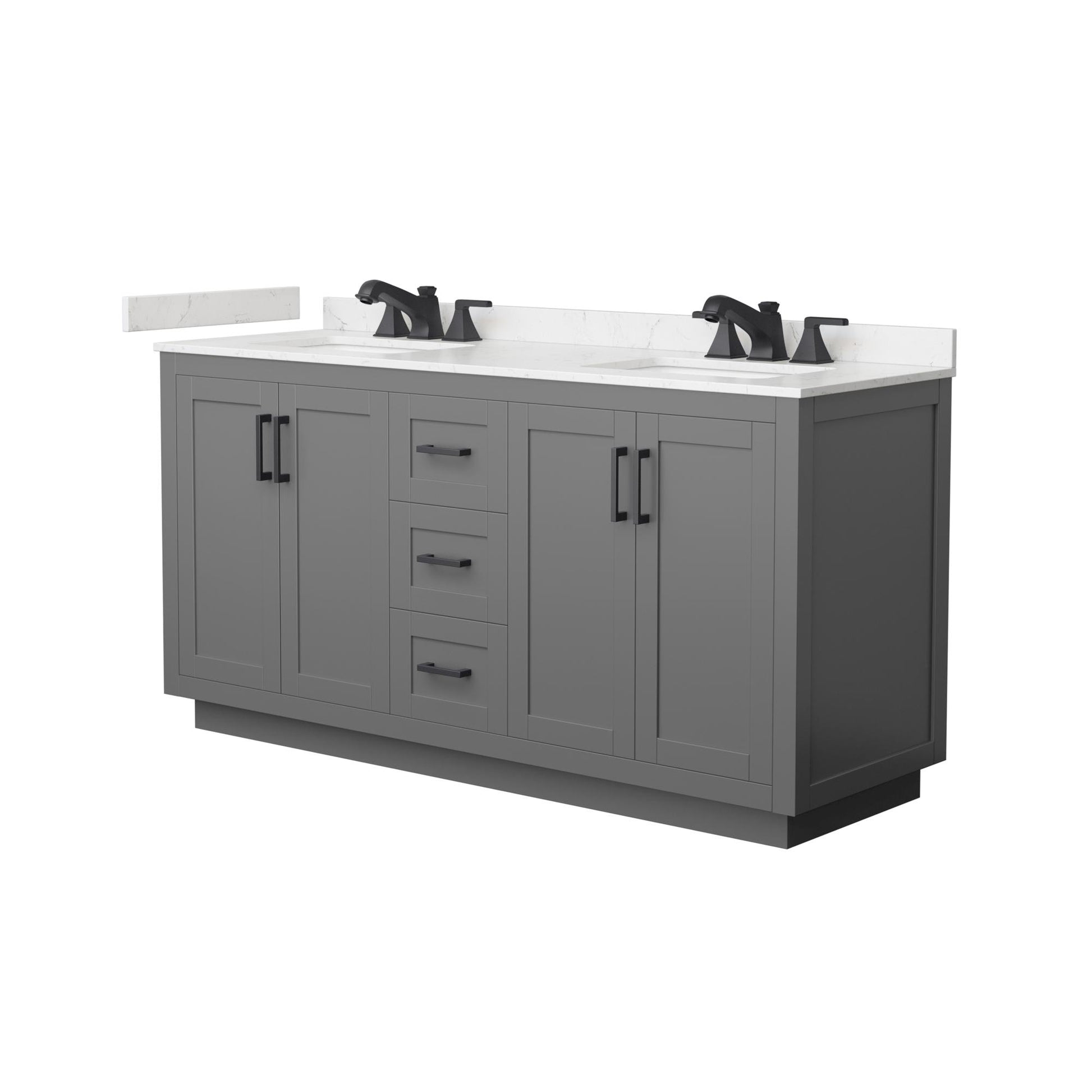 Wyndham Collection Miranda 66" Double Bathroom Vanity in Dark Gray, Carrara Cultured Marble Countertop, Undermount Square Sinks (3-Hole), Matte Black Trim