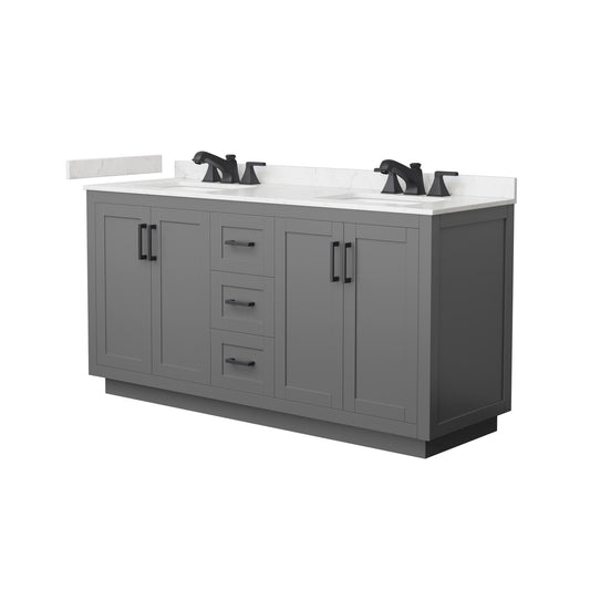 Wyndham Collection Miranda 66" Double Bathroom Vanity in Dark Gray, Carrara Cultured Marble Countertop, Undermount Square Sinks (3-Hole), Matte Black Trim
