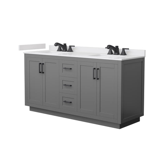 Wyndham Collection Miranda 66" Double Bathroom Vanity in Dark Gray, White Cultured Marble Countertop, Undermount Square Sinks (3-Hole), Matte Black Trim