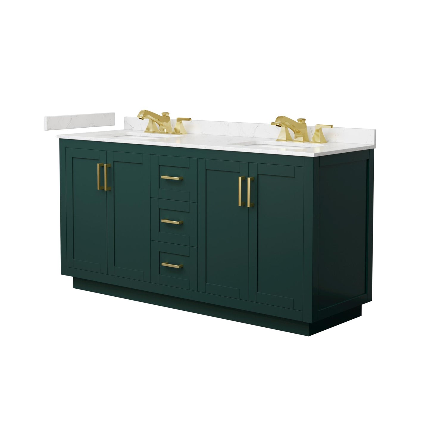 Wyndham Collection Miranda 66" Double Bathroom Vanity in Green, Carrara Cultured Marble Countertop, Undermount Square Sinks (3-Hole), Brushed Gold Trim