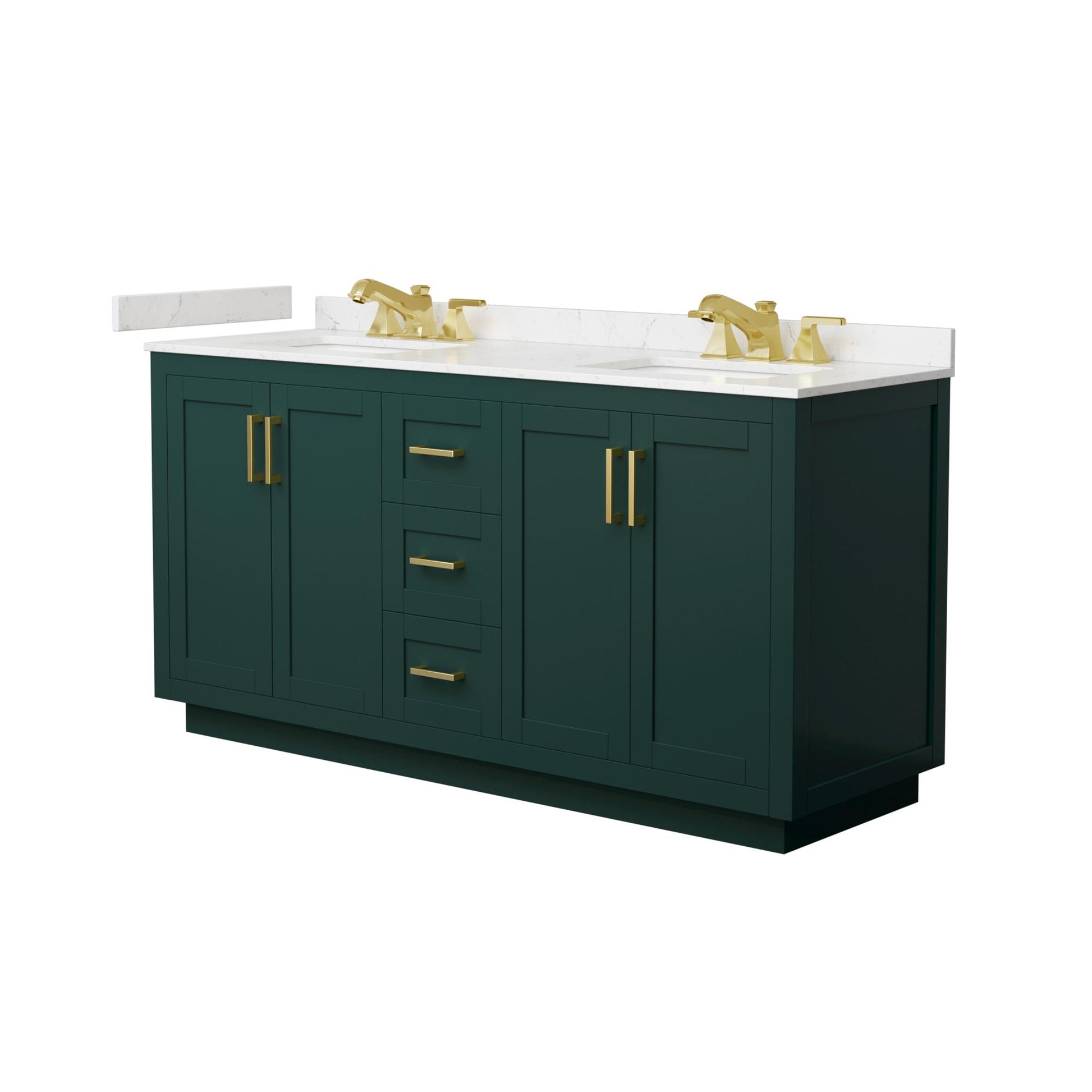 Wyndham Collection Miranda 66" Double Bathroom Vanity in Green, Carrara Cultured Marble Countertop, Undermount Square Sinks (3-Hole), Brushed Gold Trim