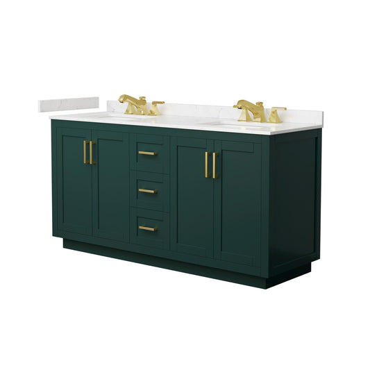Wyndham Collection Miranda 66" Double Bathroom Vanity in Green, Carrara Cultured Marble Countertop, Undermount Square Sinks (3-Hole), Brushed Gold Trim