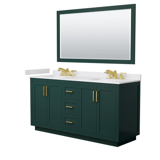 Wyndham Collection Miranda 66" Double Bathroom Vanity in Green, White Cultured Marble Countertop, Undermount Square Sinks (3-Hole), Brushed Gold Trim and 58" Mirror
