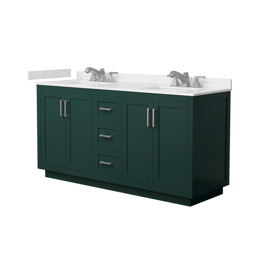 Wyndham Collection Miranda 66" Double Bathroom Vanity in Green, Carrara Cultured Marble Countertop, Undermount Square Sinks (3-Hole), Brushed Nickel Trim