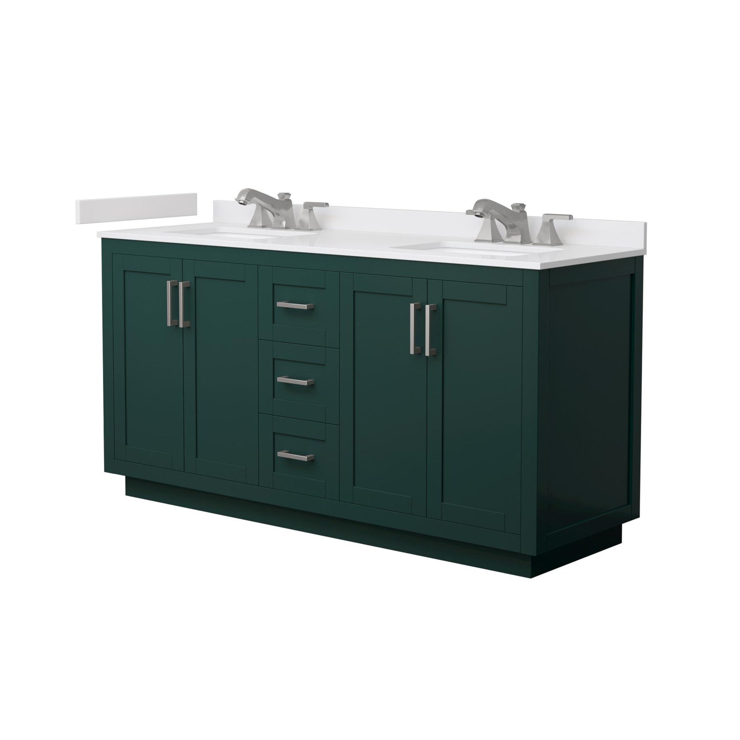 Wyndham Collection Miranda 66" Double Bathroom Vanity in Green, White Cultured Marble Countertop, Undermount Square Sinks (3-Hole), Brushed Nickel Trim