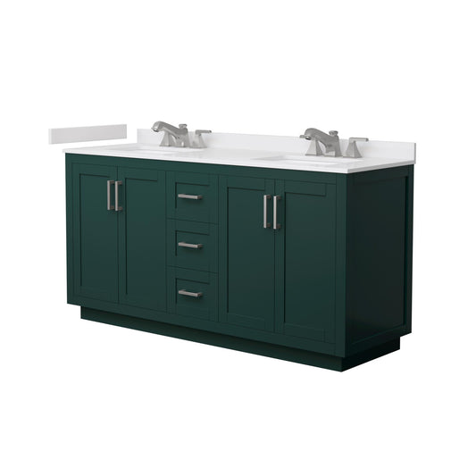 Wyndham Collection Miranda 66" Double Bathroom Vanity in Green, White Cultured Marble Countertop, Undermount Square Sinks (3-Hole), Brushed Nickel Trim