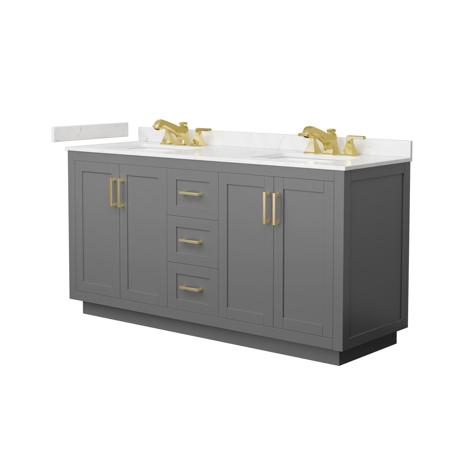 Wyndham Collection Miranda 66" Double Bathroom Vanity in Dark Gray, Carrara Cultured Marble Countertop, Undermount Square Sinks (3-Hole), Brushed Gold Trim