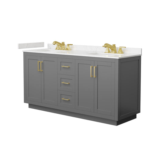 Wyndham Collection Miranda 66" Double Bathroom Vanity in Dark Gray, Carrara Cultured Marble Countertop, Undermount Square Sinks (3-Hole), Brushed Gold Trim