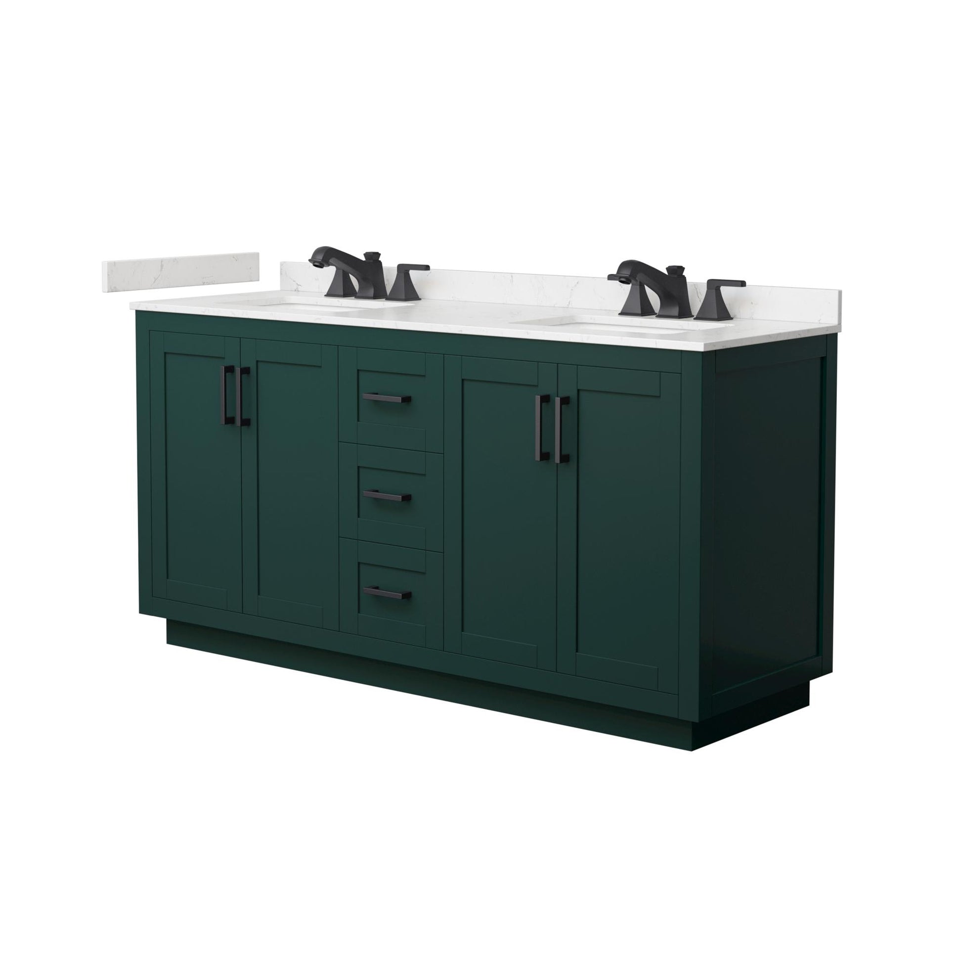 Wyndham Collection Miranda 66" Double Bathroom Vanity in Green, Carrara Cultured Marble Countertop, Undermount Square Sinks (3-Hole), Matte Black Trim