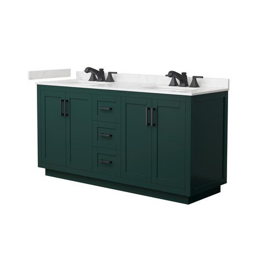 Wyndham Collection Miranda 66" Double Bathroom Vanity in Green, Carrara Cultured Marble Countertop, Undermount Square Sinks (3-Hole), Matte Black Trim