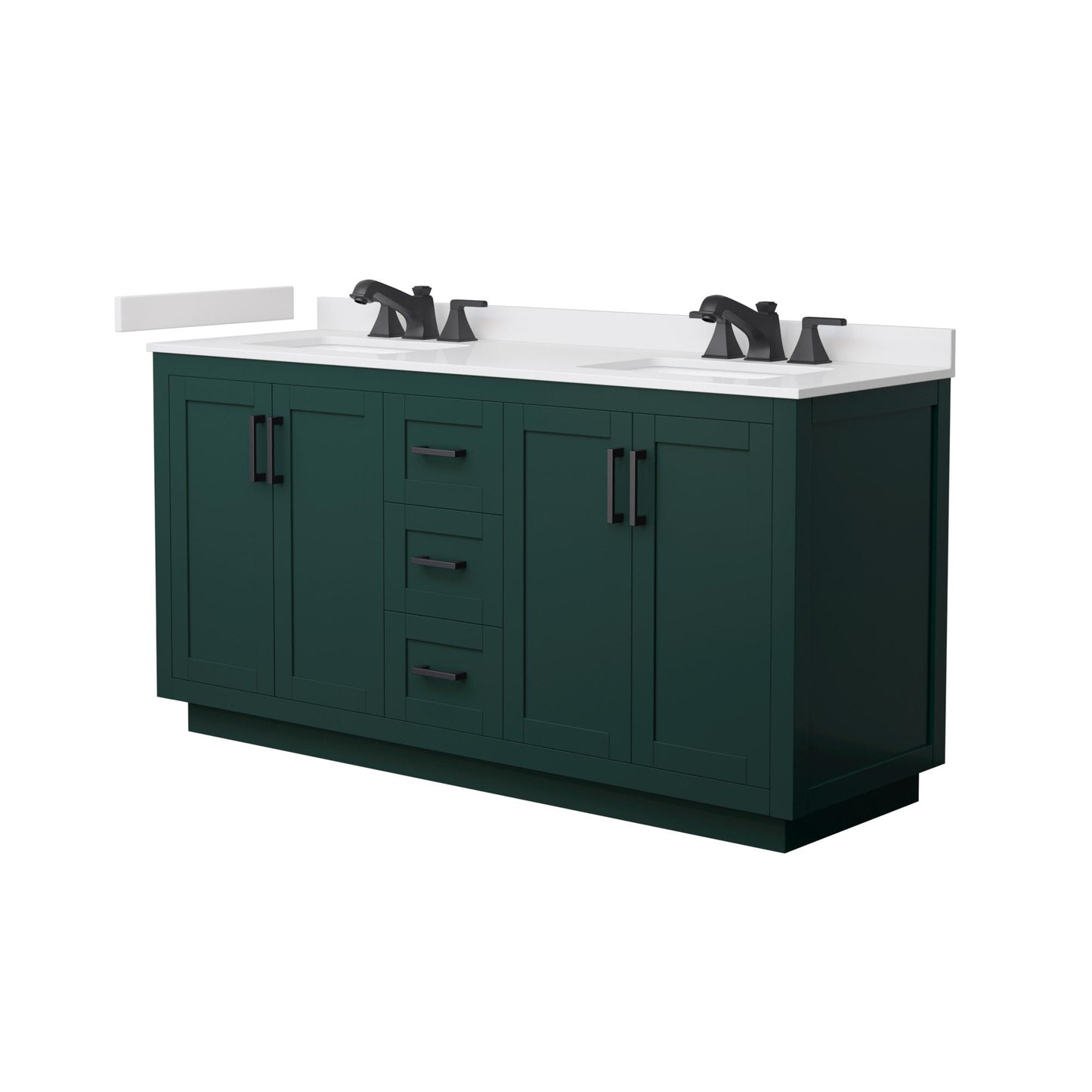 Wyndham Collection Miranda 66" Double Bathroom Vanity in Green, White Cultured Marble Countertop, Undermount Square Sinks (3-Hole), Matte Black Trim