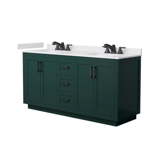 Wyndham Collection Miranda 66" Double Bathroom Vanity in Green, White Cultured Marble Countertop, Undermount Square Sinks (3-Hole), Matte Black Trim
