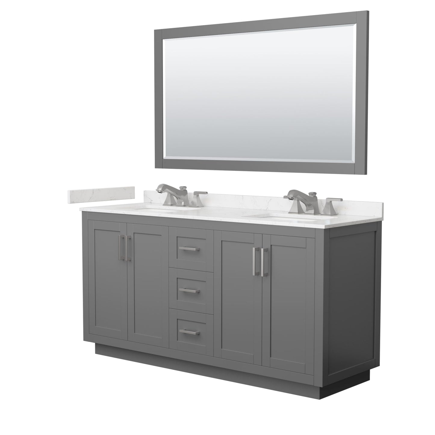 Wyndham Collection Miranda 66" Double Bathroom Vanity in Dark Gray, Carrara Cultured Marble Countertop, Undermount Square Sinks (3-Hole), Brushed Nickel Trim and 58" Mirror