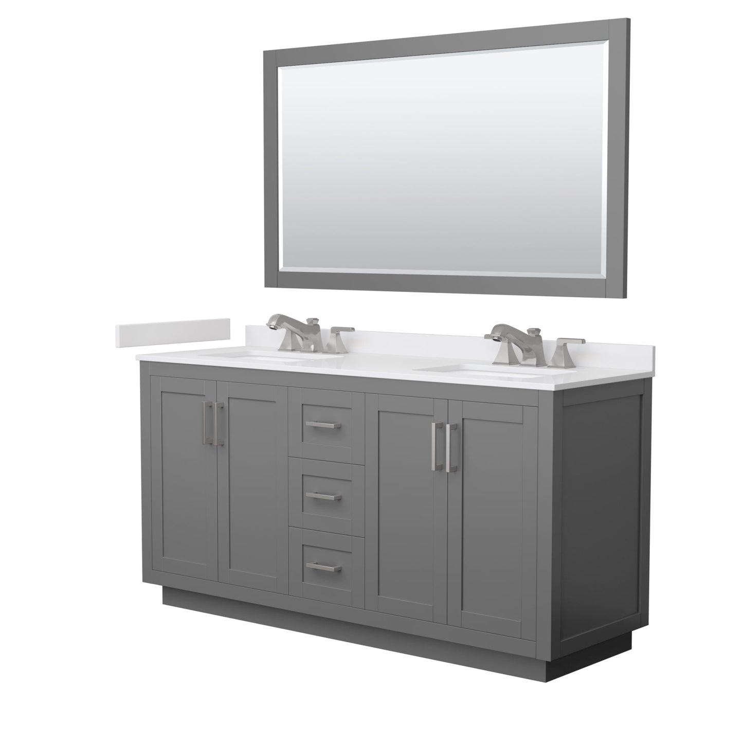 Wyndham Collection Miranda 66" Double Bathroom Vanity in Dark Gray, White Cultured Marble Countertop, Undermount Square Sinks (3-Hole), Brushed Nickel Trim and 58" Mirror