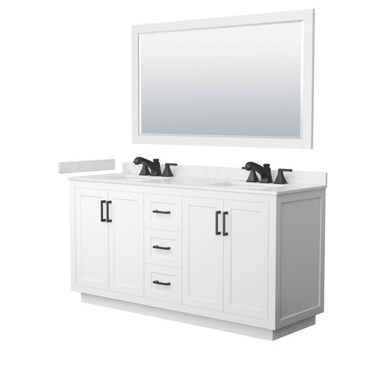 Wyndham Collection Miranda 66" Double Bathroom Vanity in White, Carrara Cultured Marble Countertop, Undermount Square Sinks (3-Hole), Matte Black Trim and 58" Mirror