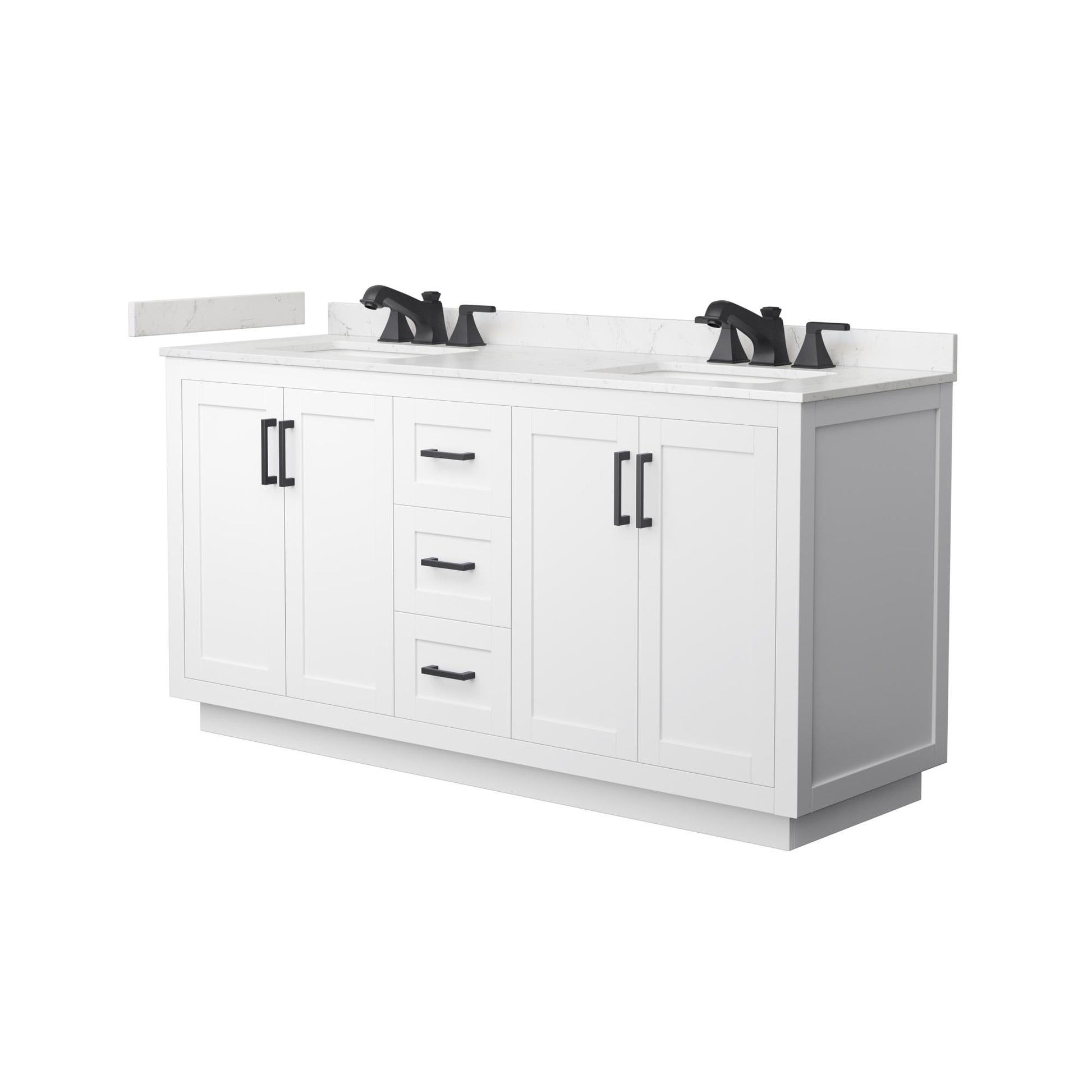 Wyndham Collection Miranda 66" Double Bathroom Vanity in White, Carrara Cultured Marble Countertop, Undermount Square Sinks (3-Hole), Matte Black Trim