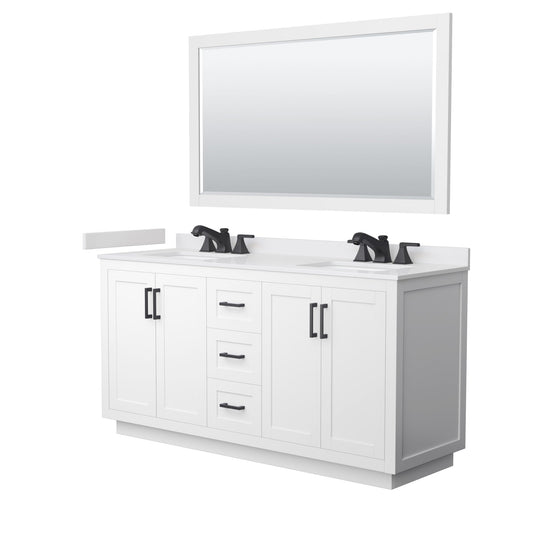 Wyndham Collection Miranda 66" Double Bathroom Vanity in White, White Cultured Marble Countertop, Undermount Square Sinks (3-Hole), Matte Black Trim and 58" Mirror