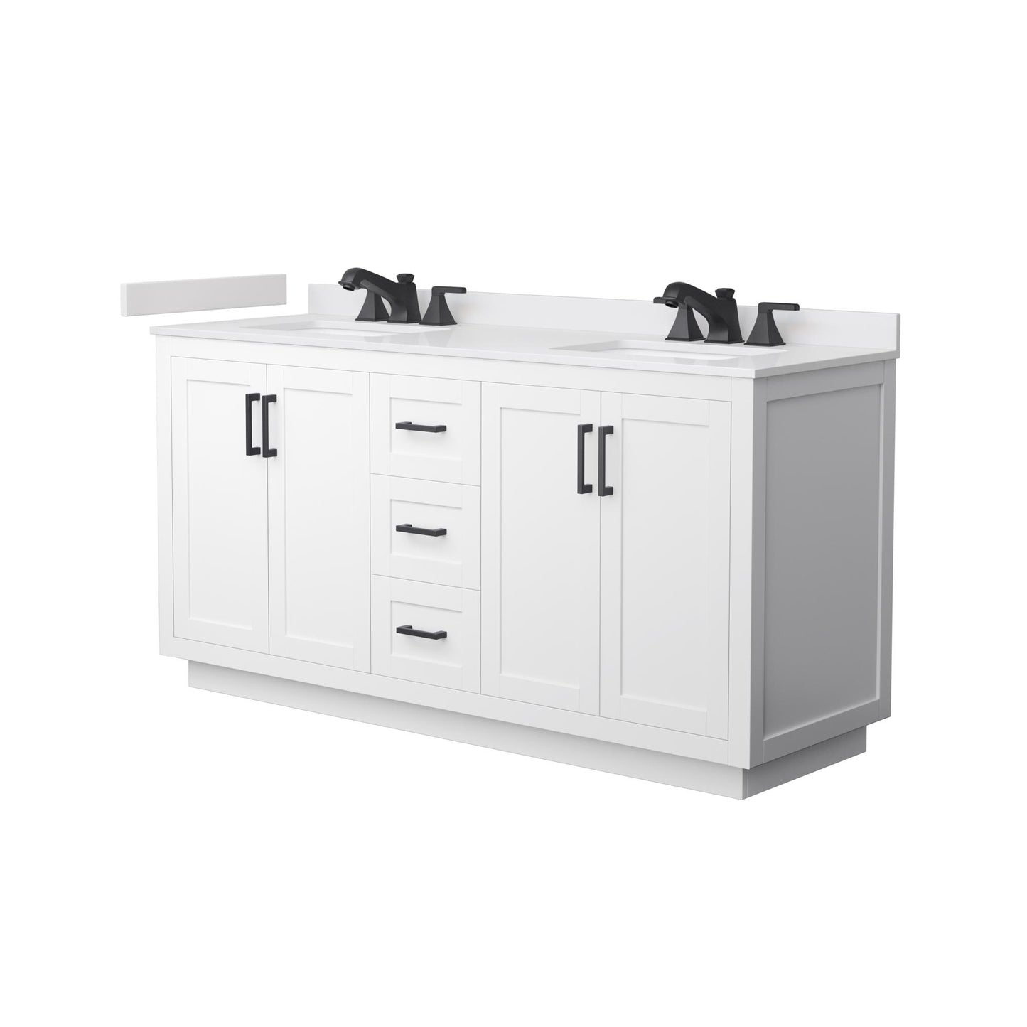 Wyndham Collection Miranda 66" Double Bathroom Vanity in White, White Cultured Marble Countertop, Undermount Square Sinks (3-Hole), Matte Black Trim