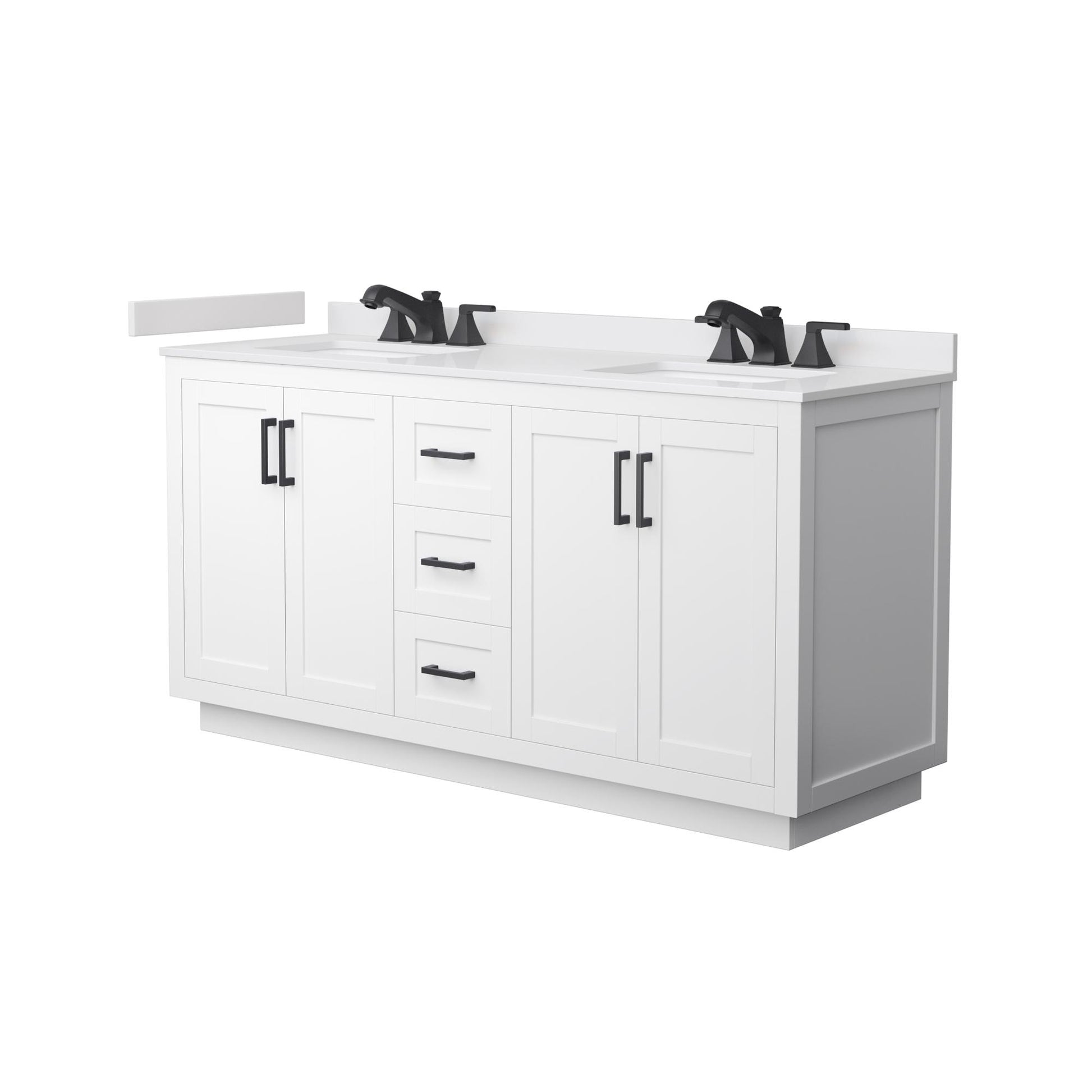 Wyndham Collection Miranda 66" Double Bathroom Vanity in White, White Cultured Marble Countertop, Undermount Square Sinks (3-Hole), Matte Black Trim