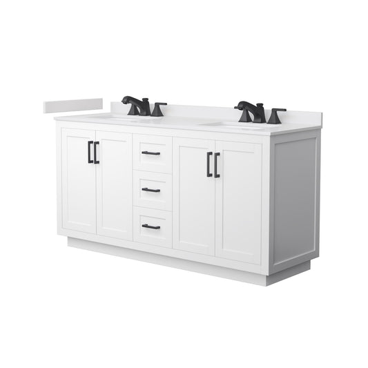 Wyndham Collection Miranda 66" Double Bathroom Vanity in White, White Cultured Marble Countertop, Undermount Square Sinks (3-Hole), Matte Black Trim