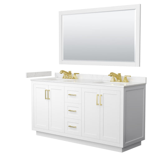 Wyndham Collection Miranda 66" Double Bathroom Vanity in White, Carrara Cultured Marble Countertop, Undermount Square Sinks (3-Hole), Brushed Gold Trim and 58" Mirror