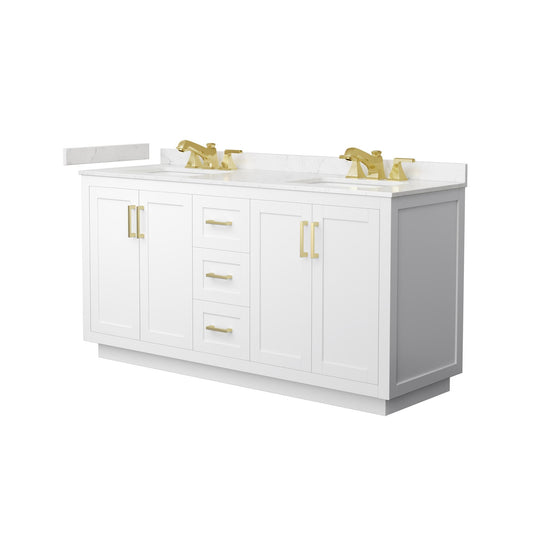 Wyndham Collection Miranda 66" Double Bathroom Vanity in White, Carrara Cultured Marble Countertop, Undermount Square Sinks (3-Hole), Brushed Gold Trim