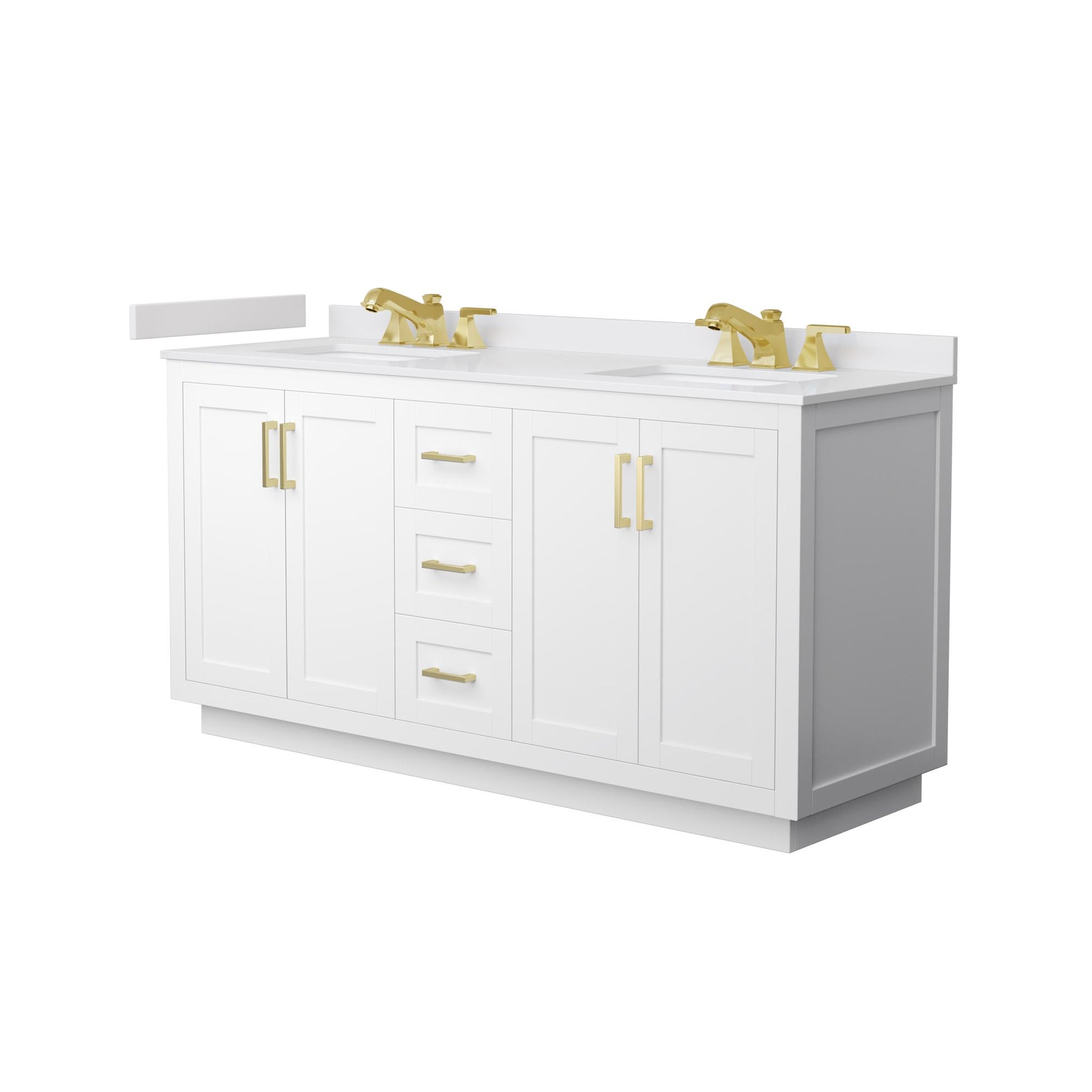 Wyndham Collection Miranda 66" Double Bathroom Vanity in White, White Cultured Marble Countertop, Undermount Square Sinks (3-Hole), Brushed Gold Trim