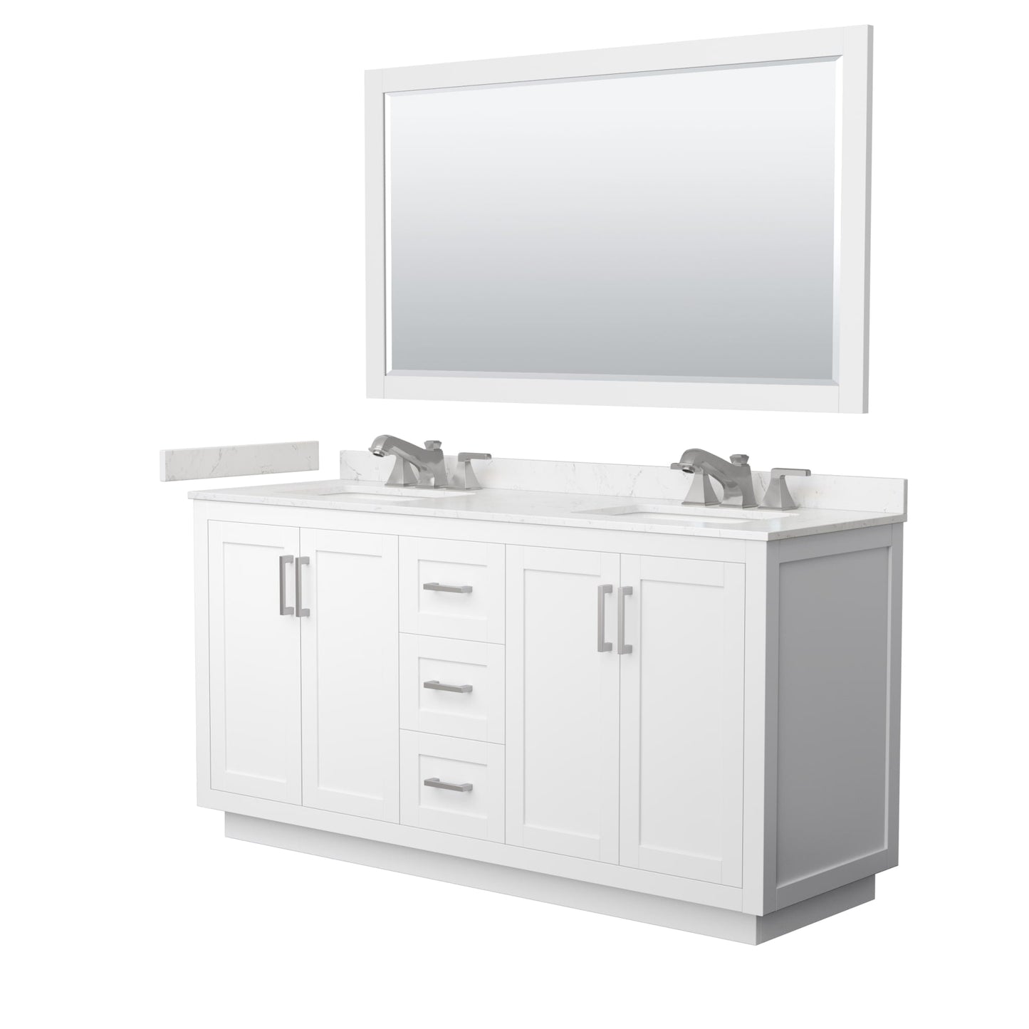Wyndham Collection Miranda 66" Double Bathroom Vanity in White, Carrara Cultured Marble Countertop, Undermount Square Sinks (3-Hole), Brushed Nickel Trim and 58" Mirror