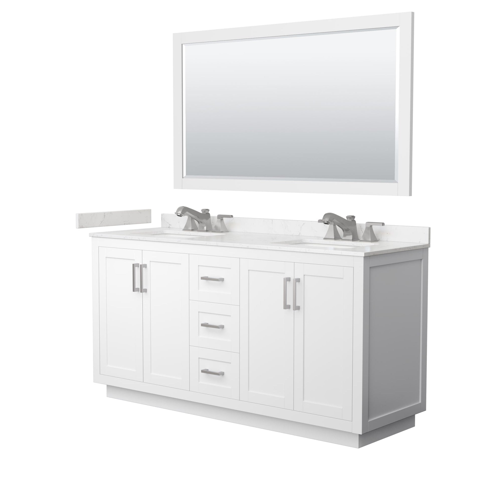 Wyndham Collection Miranda 66" Double Bathroom Vanity in White, Carrara Cultured Marble Countertop, Undermount Square Sinks (3-Hole), Brushed Nickel Trim and 58" Mirror