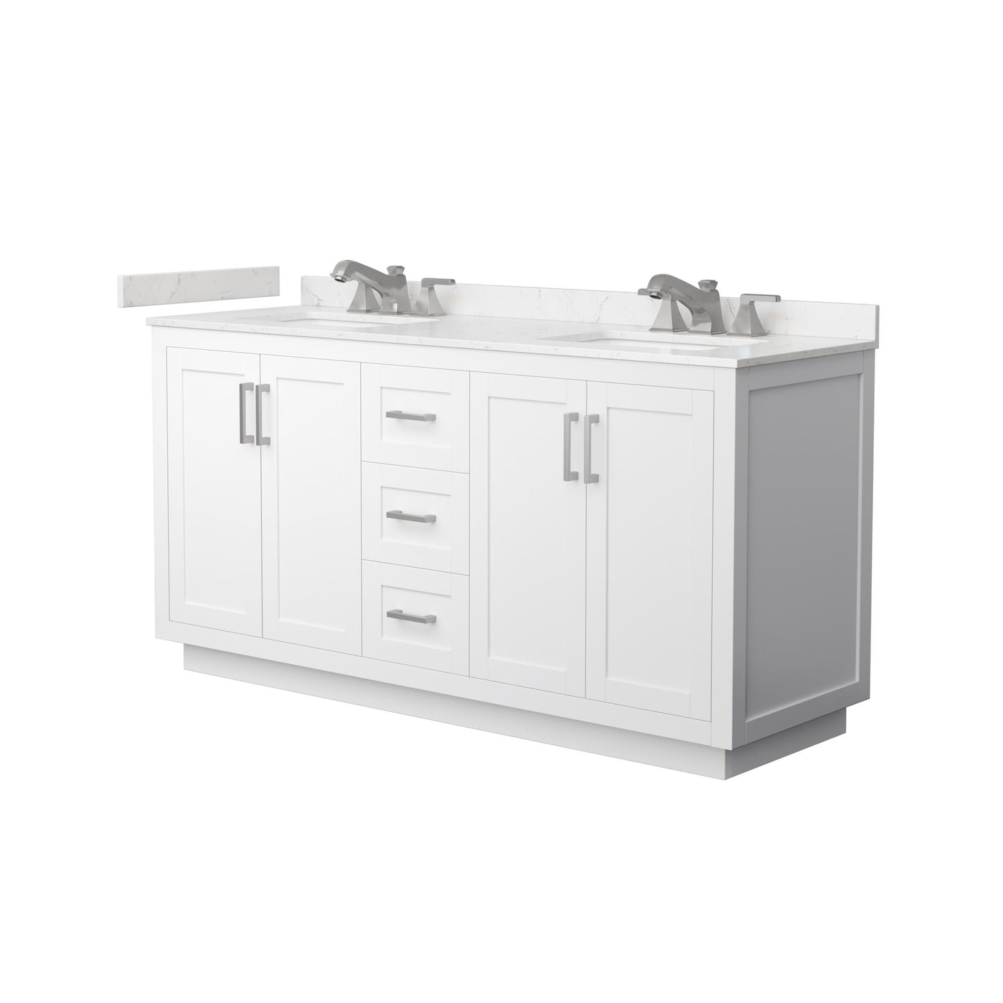 Wyndham Collection Miranda 66" Double Bathroom Vanity in White, Carrara Cultured Marble Countertop, Undermount Square Sinks (3-Hole), Brushed Nickel Trim