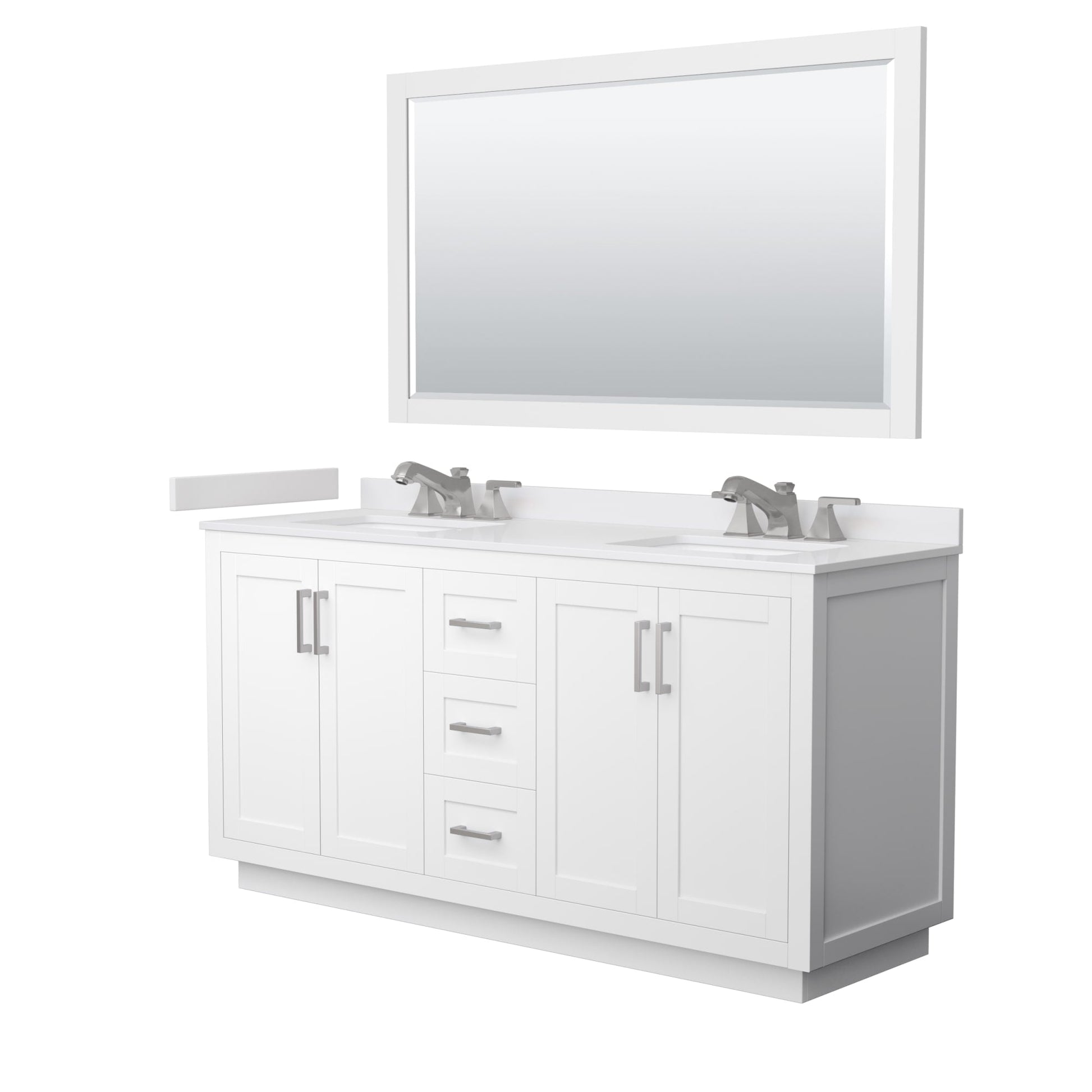 Wyndham Collection Miranda 66" Double Bathroom Vanity in White, White Cultured Marble Countertop, Undermount Square Sinks (3-Hole), Brushed Nickel Trim and 58" Mirror