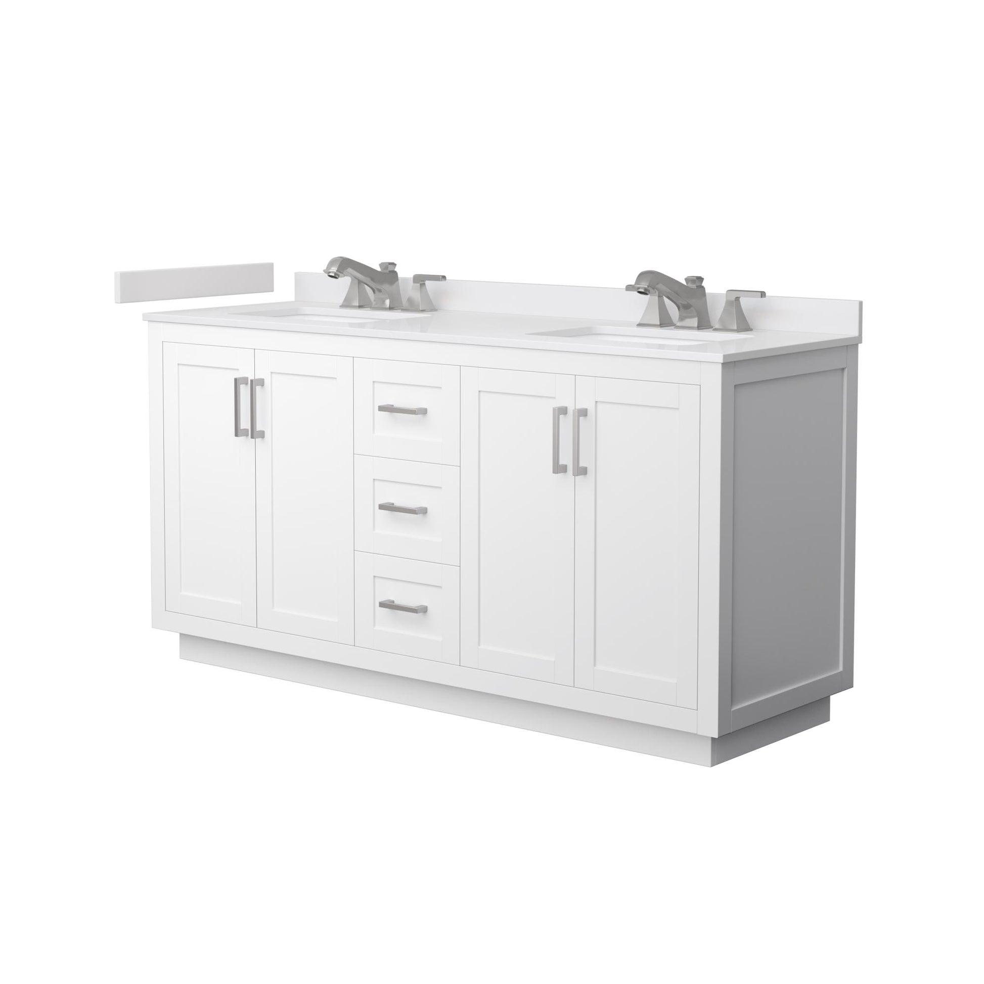 Wyndham Collection Miranda 66" Double Bathroom Vanity in White, White Cultured Marble Countertop, Undermount Square Sinks (3-Hole), Brushed Nickel Trim
