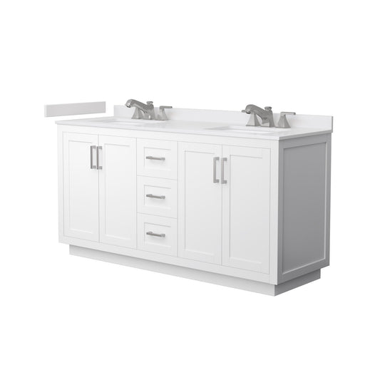 Wyndham Collection Miranda 66" Double Bathroom Vanity in White, White Cultured Marble Countertop, Undermount Square Sinks (3-Hole), Brushed Nickel Trim