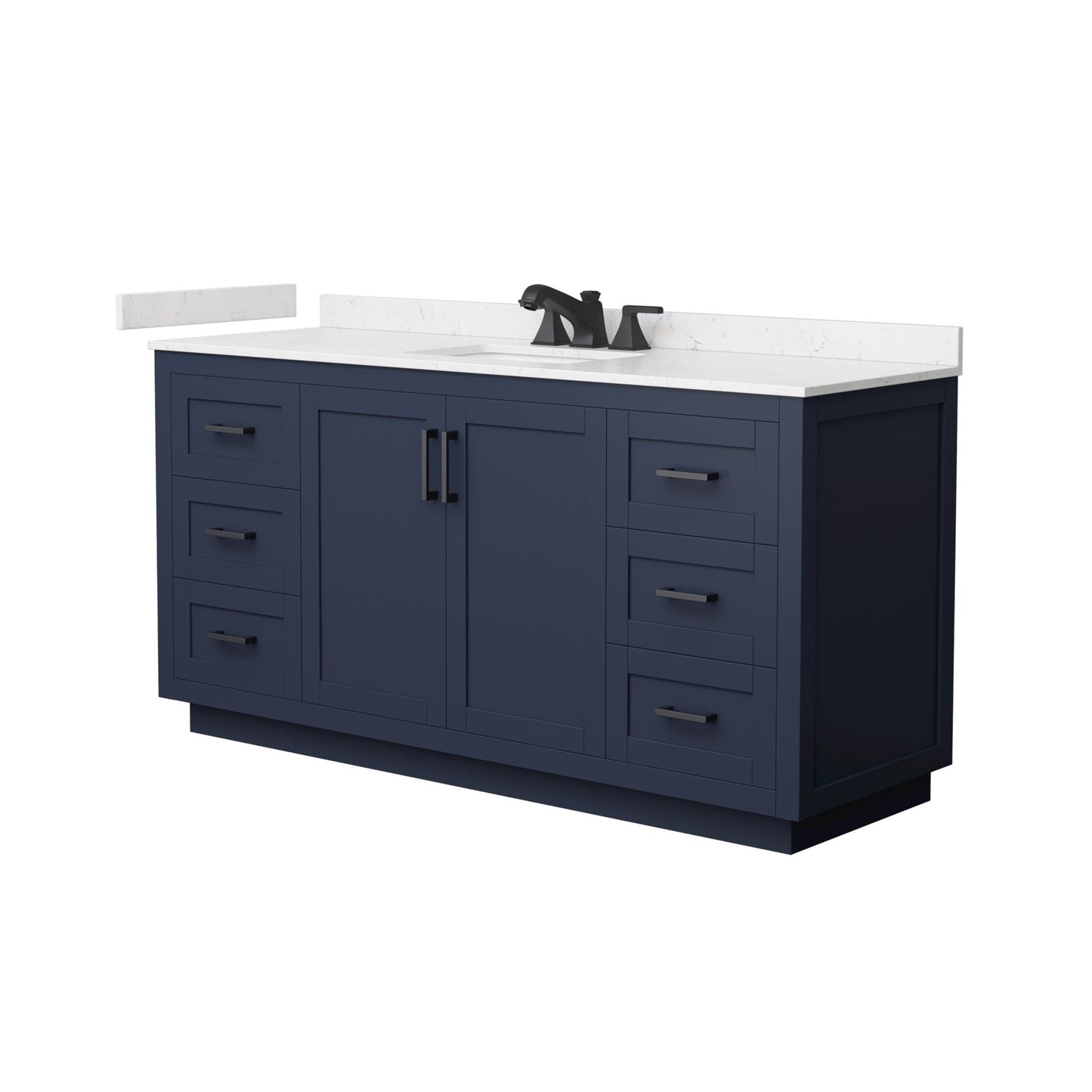 Wyndham Collection Miranda 66" Single Bathroom Vanity in Dark Blue, Carrara Cultured Marble Countertop, Undermount Square Sink (3-Hole), Matte Black Trim