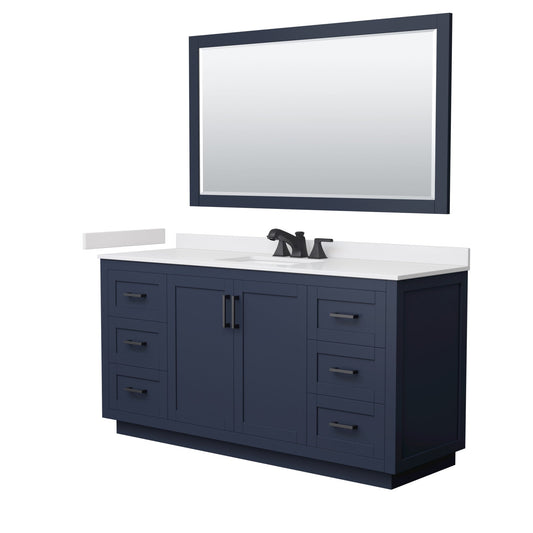 Wyndham Collection Miranda 66" Single Bathroom Vanity in Dark Blue, White Cultured Marble Countertop, Undermount Square Sink (3-Hole), Matte Black Trim and 58" Mirror