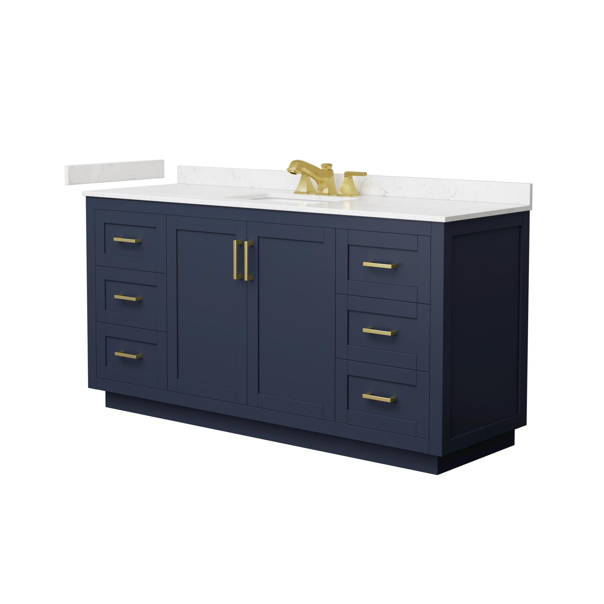 Wyndham Collection Miranda 66" Single Bathroom Vanity in Dark Blue, Carrara Cultured Marble Countertop, Undermount Square Sink (3-Hole), Brushed Gold Trim