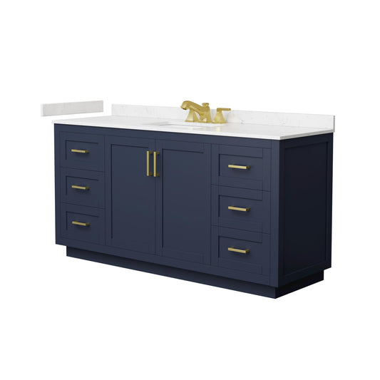 Wyndham Collection Miranda 66" Single Bathroom Vanity in Dark Blue, Carrara Cultured Marble Countertop, Undermount Square Sink (3-Hole), Brushed Gold Trim