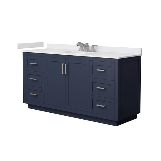 Wyndham Collection Miranda 66" Single Bathroom Vanity in Dark Blue, White Cultured Marble Countertop, Undermount Square Sink (3-Hole), Brushed Nickel Trim