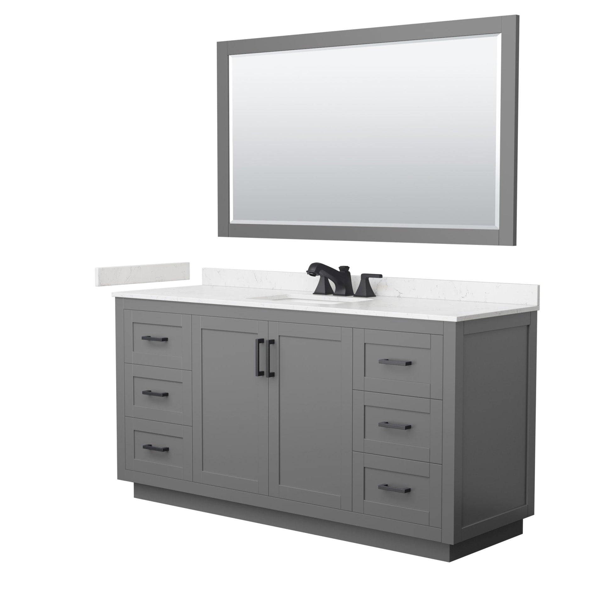 Wyndham Collection Miranda 66" Single Bathroom Vanity in Dark Gray, Carrara Cultured Marble Countertop, Undermount Square Sink (3-Hole), Matte Black Trim and 58" Mirror