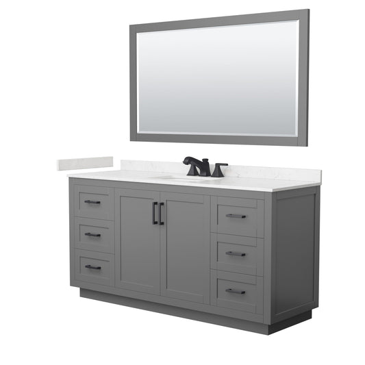 Wyndham Collection Miranda 66" Single Bathroom Vanity in Dark Gray, Carrara Cultured Marble Countertop, Undermount Square Sink (3-Hole), Matte Black Trim and 58" Mirror